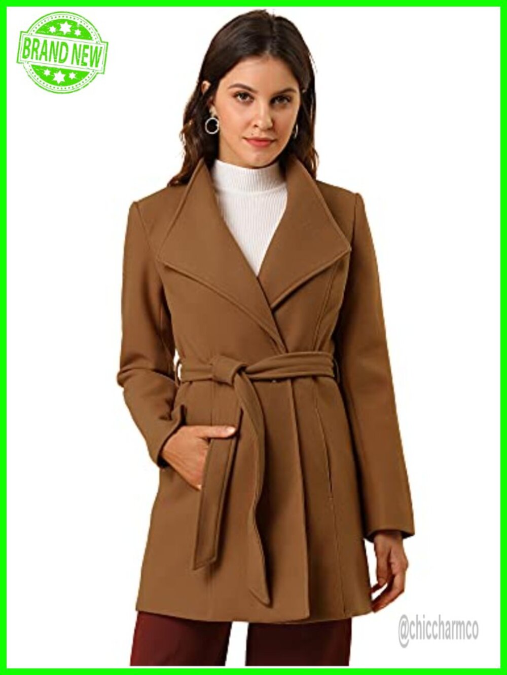Women's Winter Pea Coat Long Belted Stand Collar Overcoat